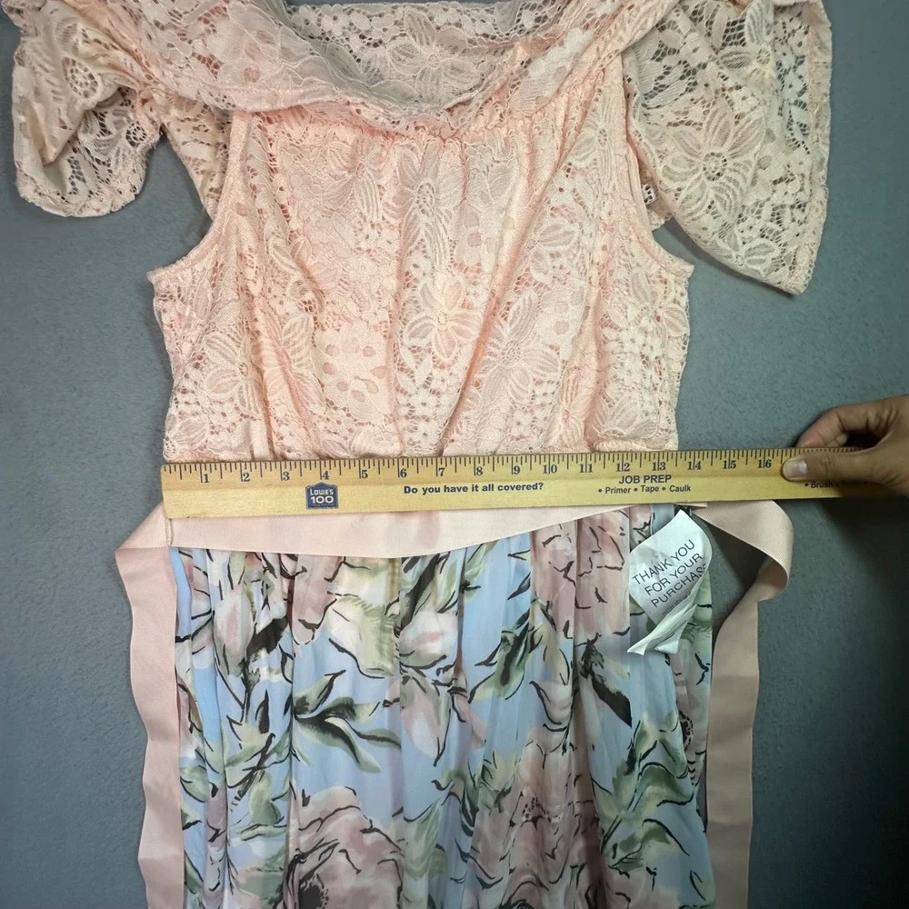 Ellen Weaver Floral Lace Off-Shoulder Maxi Dress Blue Blush Romantic Small NEW